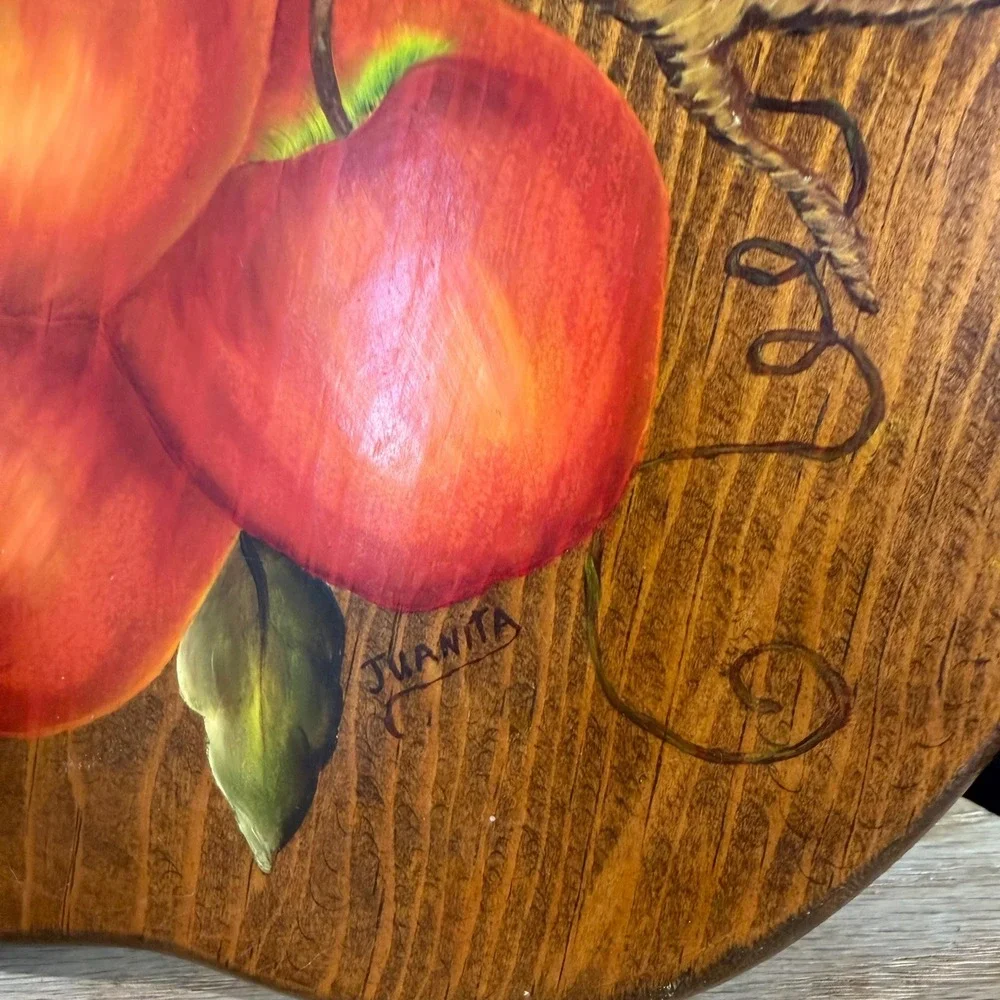 Hand Painted Apple Shaped Wood Wall Plaque Signed Vintage Kitchen Decor